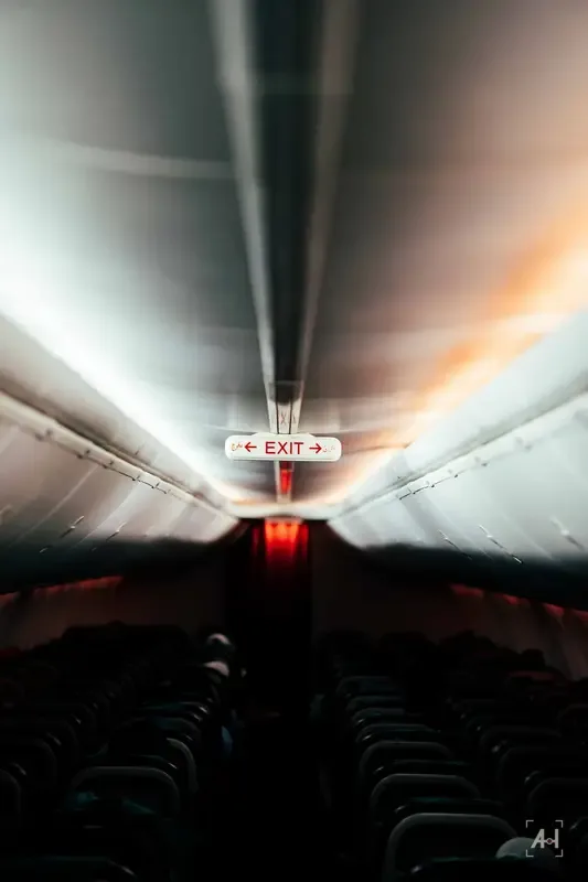 An exit sign glowing above a dark aircraft cabin