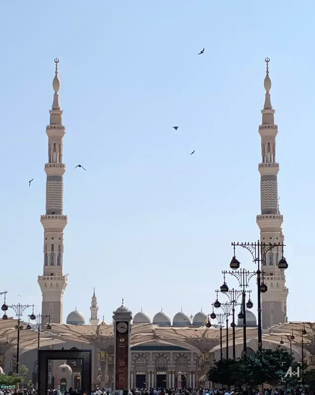 Twin minarets of the Prophet's Mosque with birds circling in a clear sky