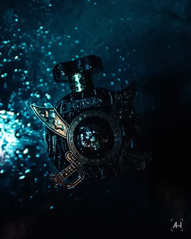 Defender by J., its lion-and-sword bottle glistening in teal light