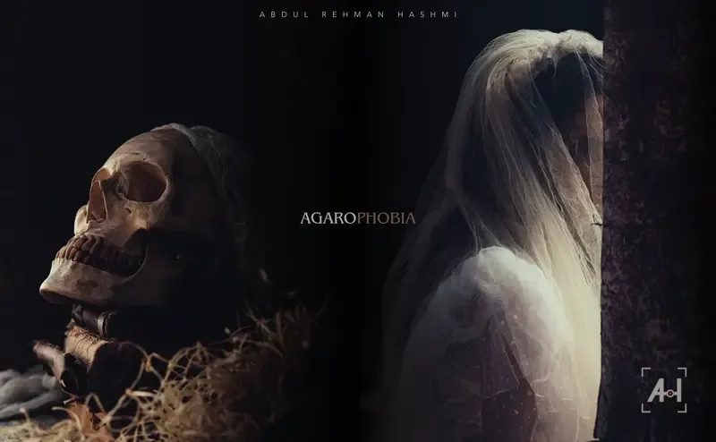 Agarophobia: a skull on old books facing a veiled bride in the dark
